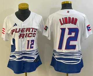 Women%27s Puerto Rico Baseball #12 Francisco Lindor Number 2023 White World Classic Stitched Jersey